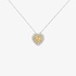 White gold heart shaped pendant with diamonds and a yellow diamond heart at the center