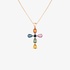 Pink gold cross pendant with rainbow colored sapphires