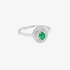 white gold round ring with diamonds and emerald
