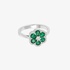 white gold flower ring with emeralds