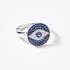 White gold round evil eye ring with sapphires and diamonds
