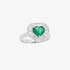 White gold heart shaped ring with an emerald and baguette diamonds