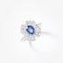 White gold sapphire rosette ring with a double row of diamonds