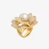 Gold flower ring with diamonds and a pearl