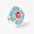 Fashionable turquoise ring with mother of pearl and red quartz