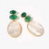 Fashionable silver earrings with green onyx and mother of pearl