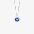 white gold oval sapphire pendant with an outline of diamonds