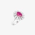 White gold flower ring with a ruby diamond petals
