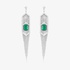Large geometric earrings with emeralds, diamonds and thin chain fringes