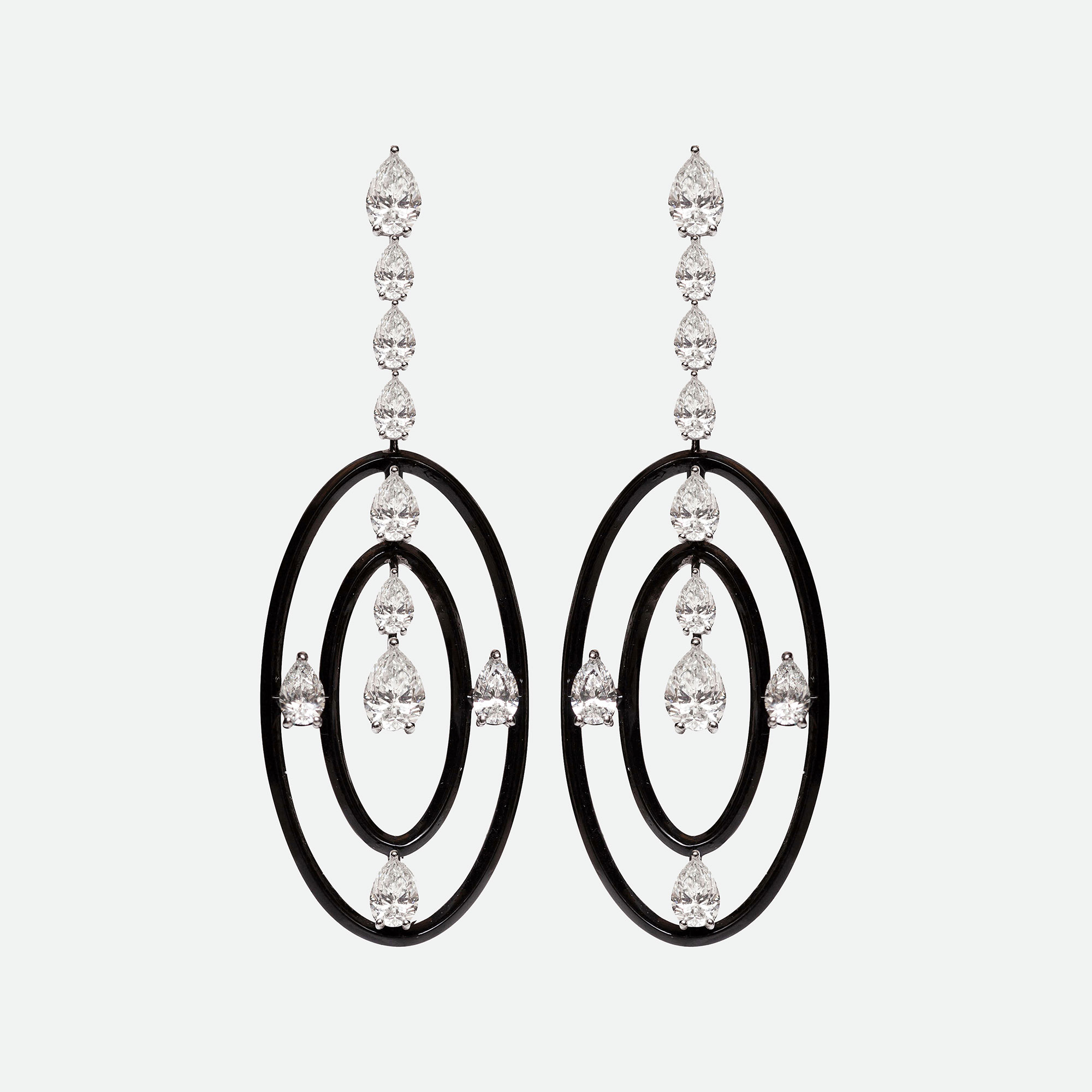 Long white gold earrings with diamonds and black enamel | Venetia