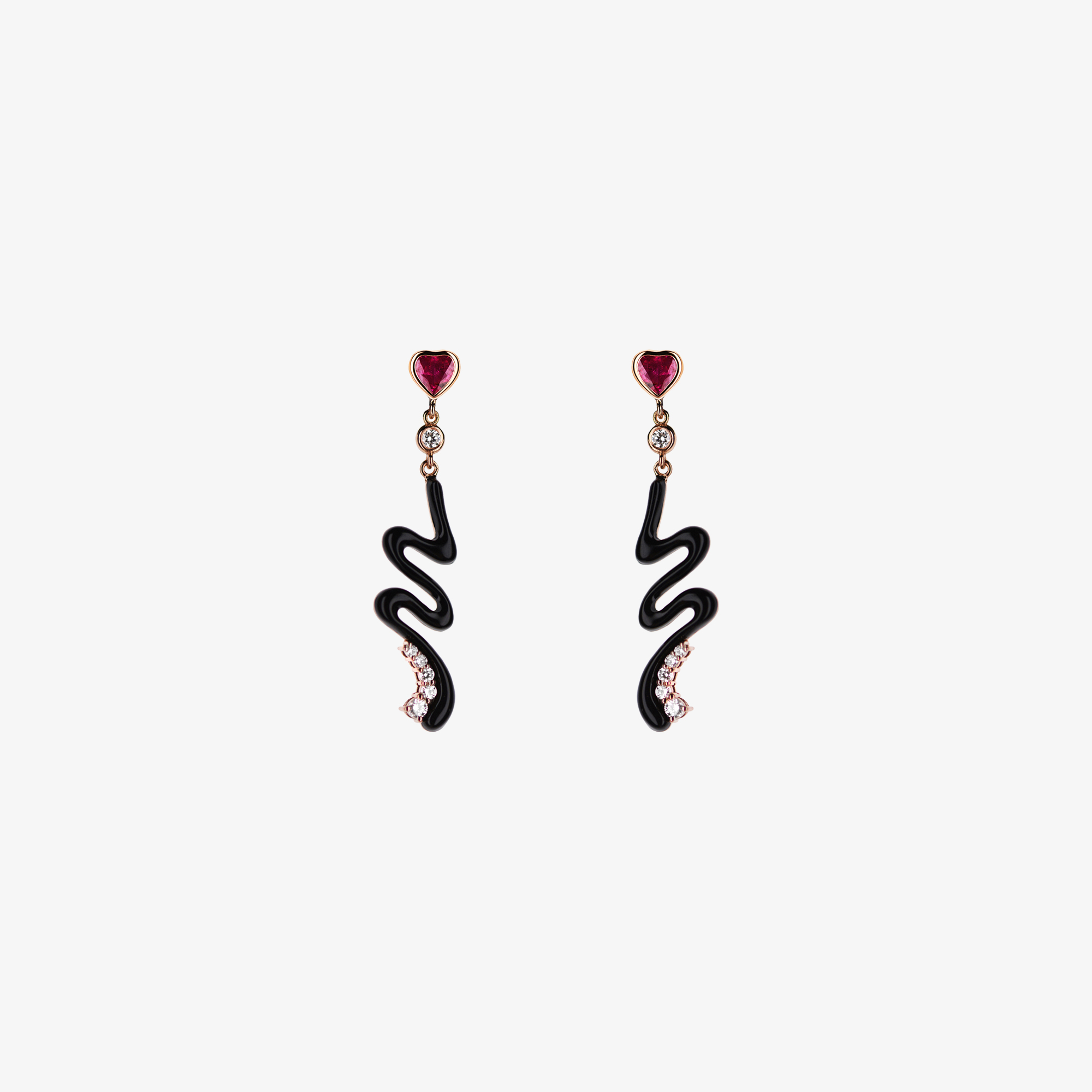 Long Black Enamel Earrings With Diamonds And Ruby Hearts Venetia