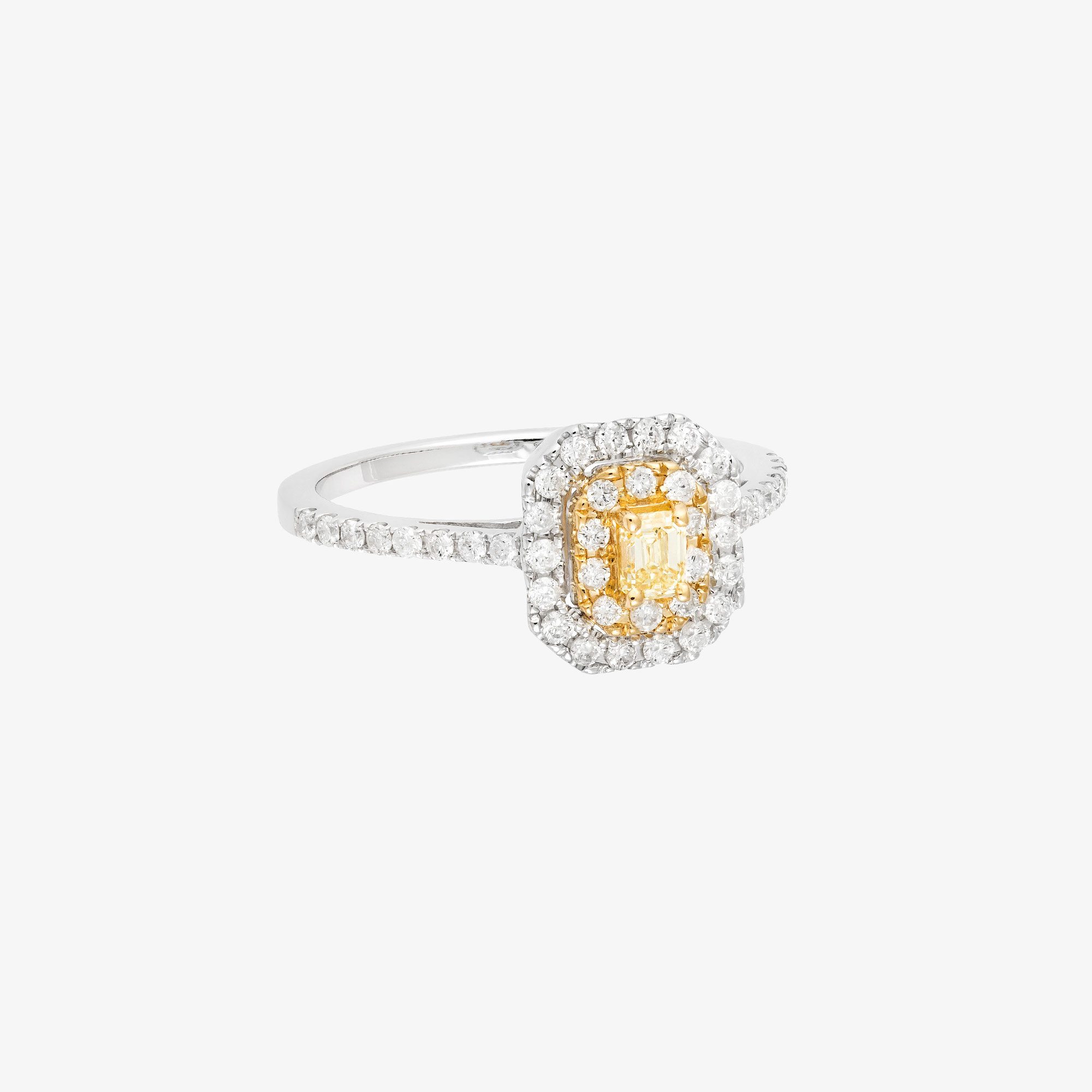 White gold rectangular ring with diamonds and a yellow diamond center ...