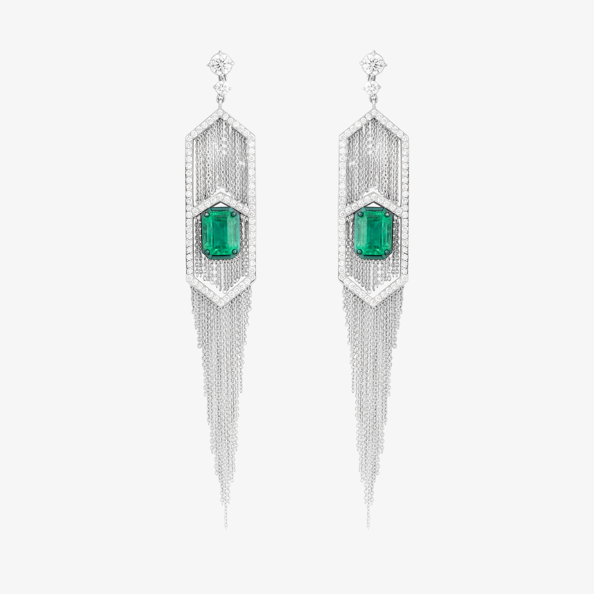 Large Geometric Earrings With Emeralds Diamonds And Thin Chain Fringes