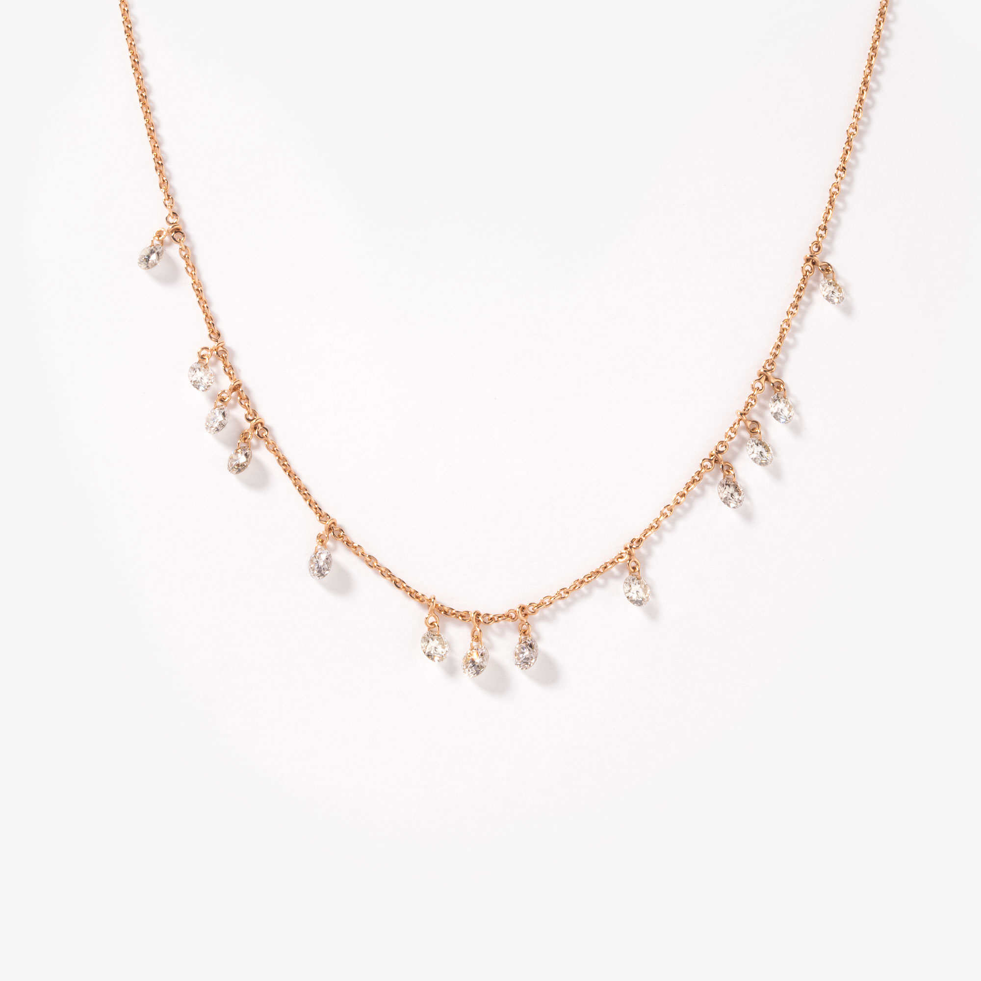 Thin pink gold chain necklace with round fullcut diamonds