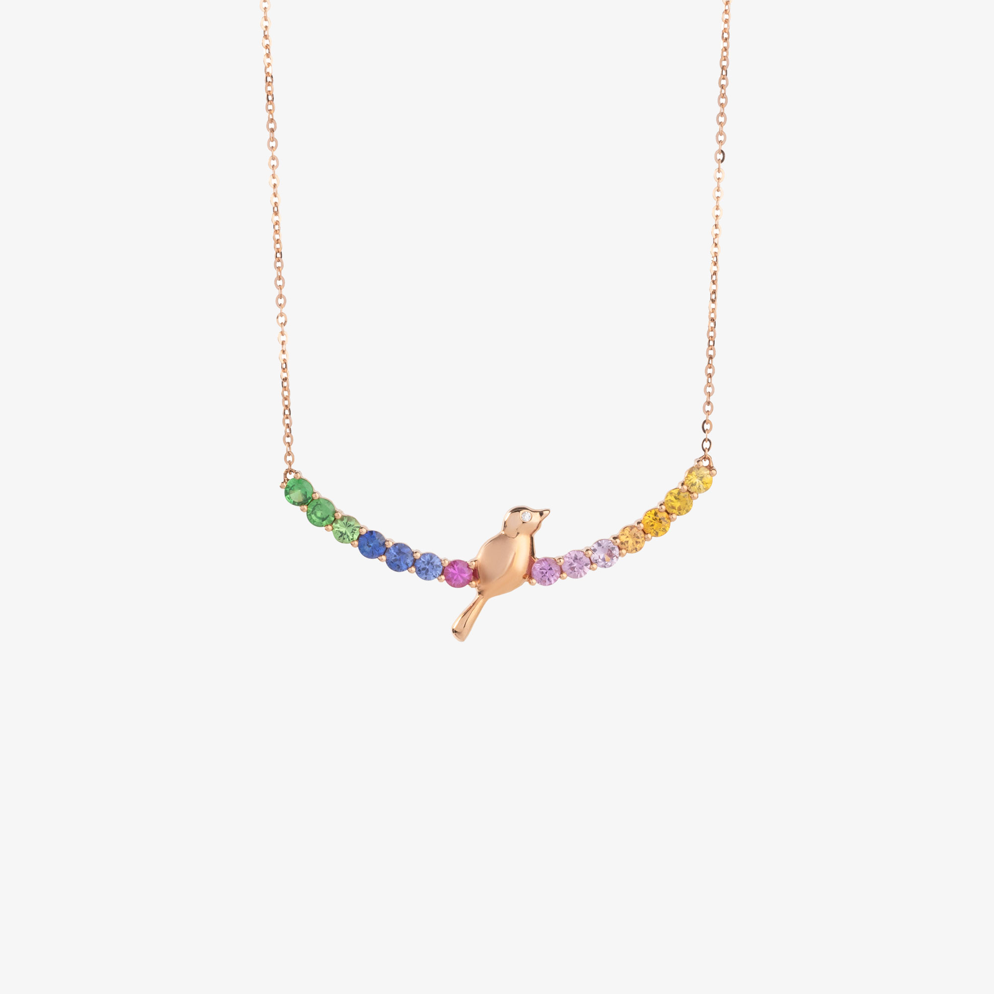 Pink gold chain necklace with a bird on a rainbow branch